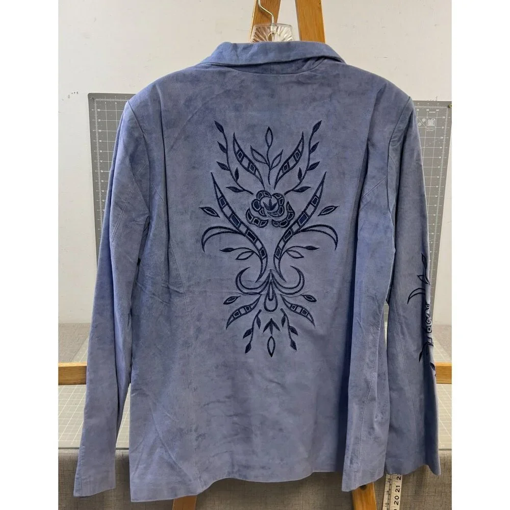 Victor COSTA "Occasion" Women's Leather Jacket Sz. M Embroidered Cut Out BLUE - Picture 2 of 11